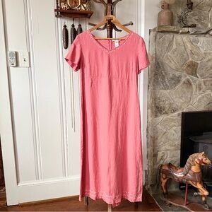 90s Linen Embroidered Pink Short Sleeve Midi Dress
